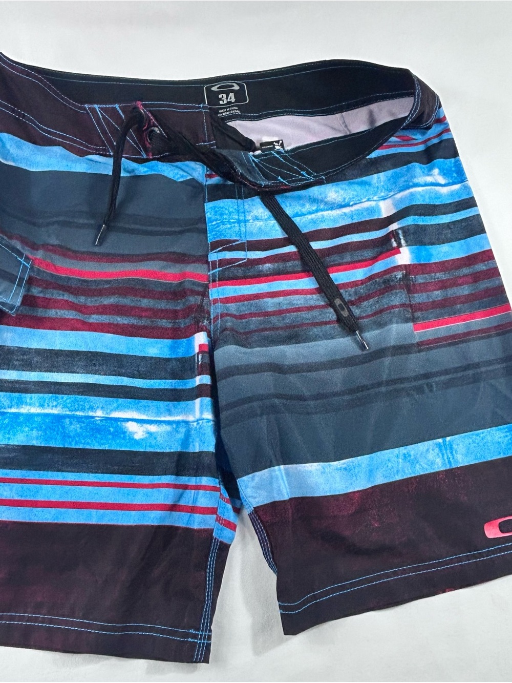 Oakley Men’s Blue, Black & Red Striped Swim Board Shorts